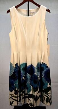 NWT‎ Calvin Klein Size 12 White Sleeveless Dress Blue Daisy Floral Border Print